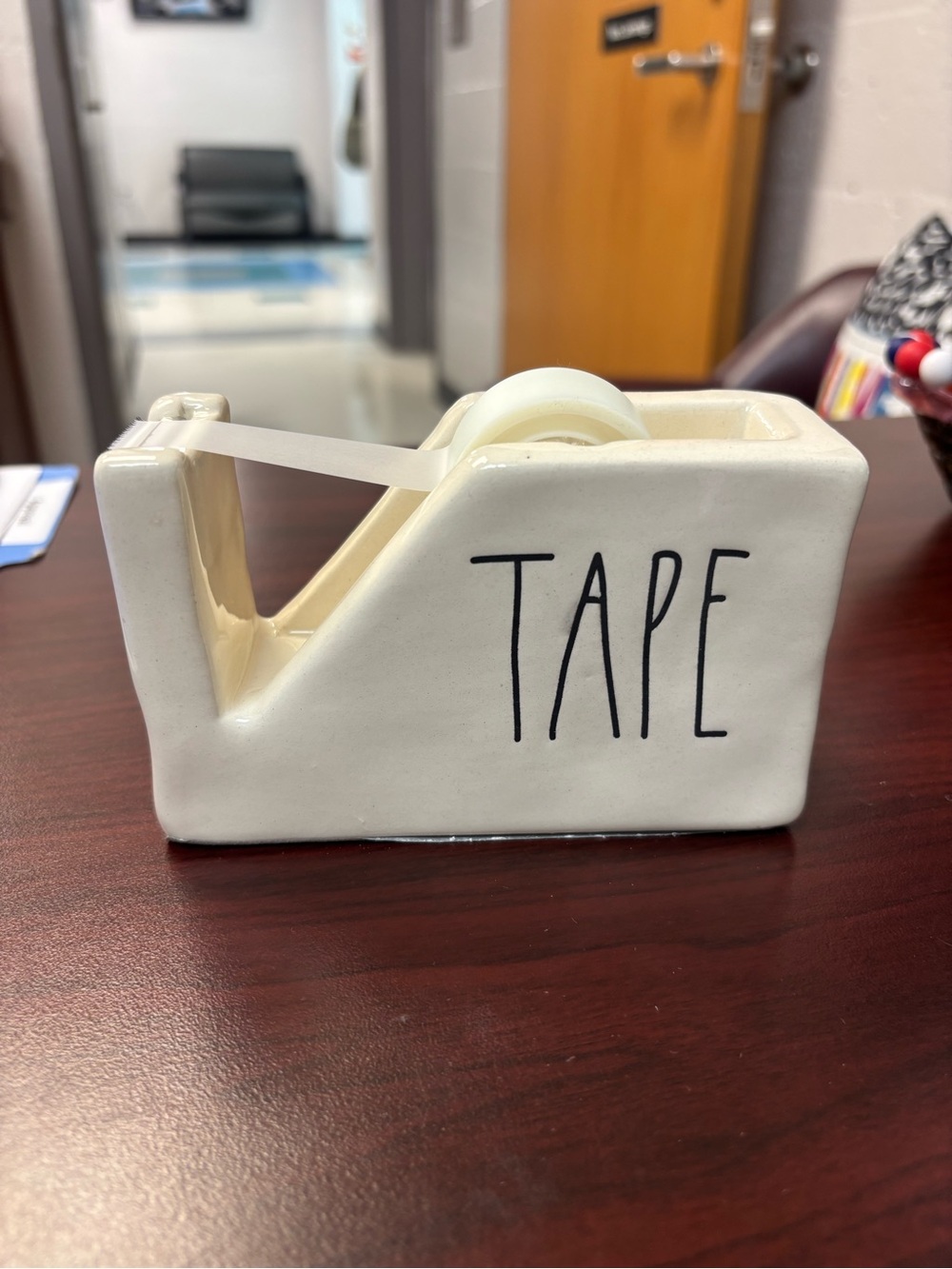 White Ceramic Tape Dispenser with 'TAPE' Lettering